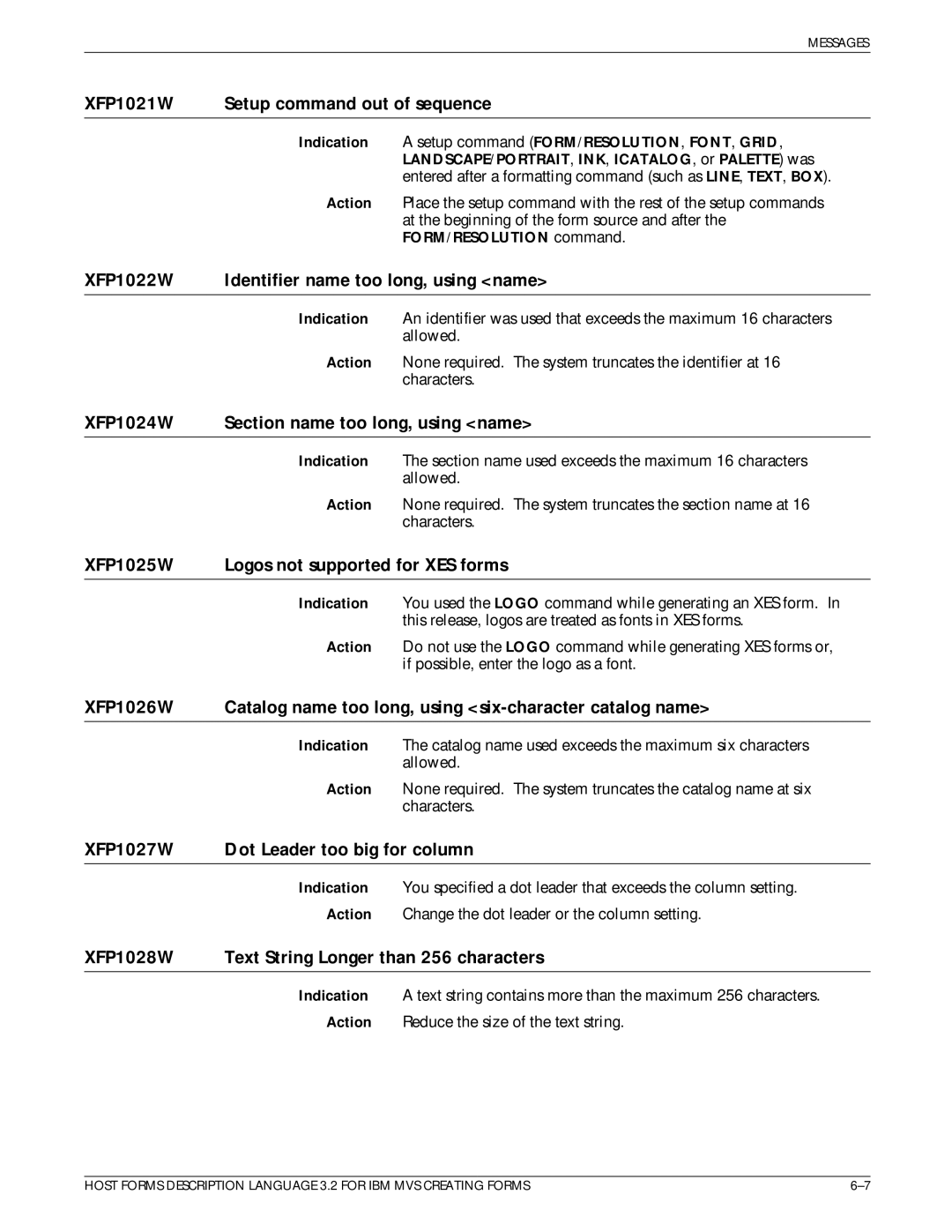 Xerox Printer manual XFP1021W Setup command out of sequence, XFP1022W Identifier name too long, using name, XFP1027W 