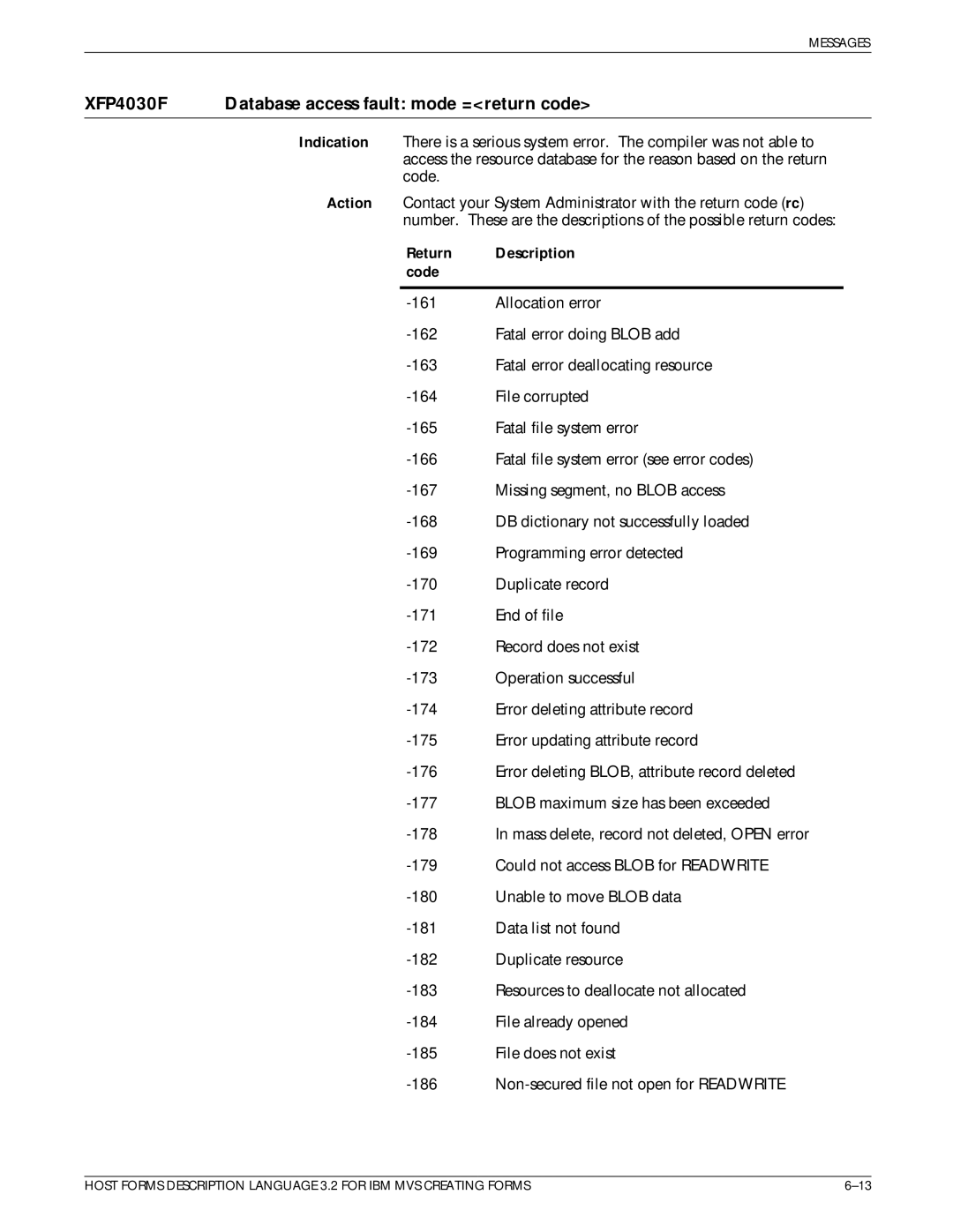 Xerox Printer manual XFP4030F Database access fault mode =return code, Return Description Code 