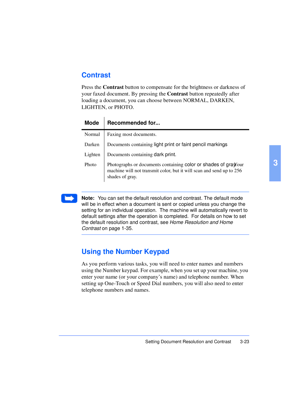 Xerox Pro 385 user manual Contrast, Using the Number Keypad 