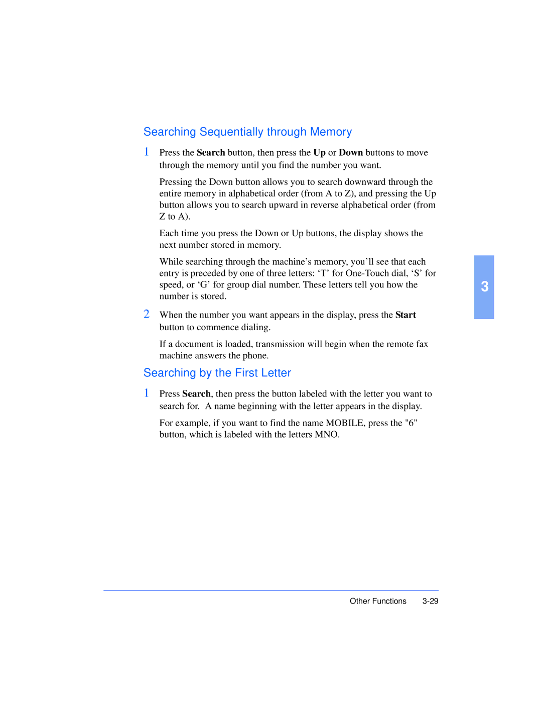 Xerox Pro 385 user manual Searching Sequentially through Memory, Searching by the First Letter 