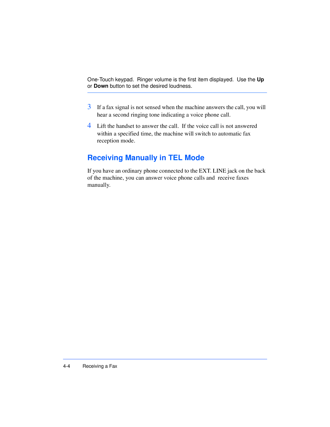 Xerox Pro 385 user manual Receiving Manually in TEL Mode 