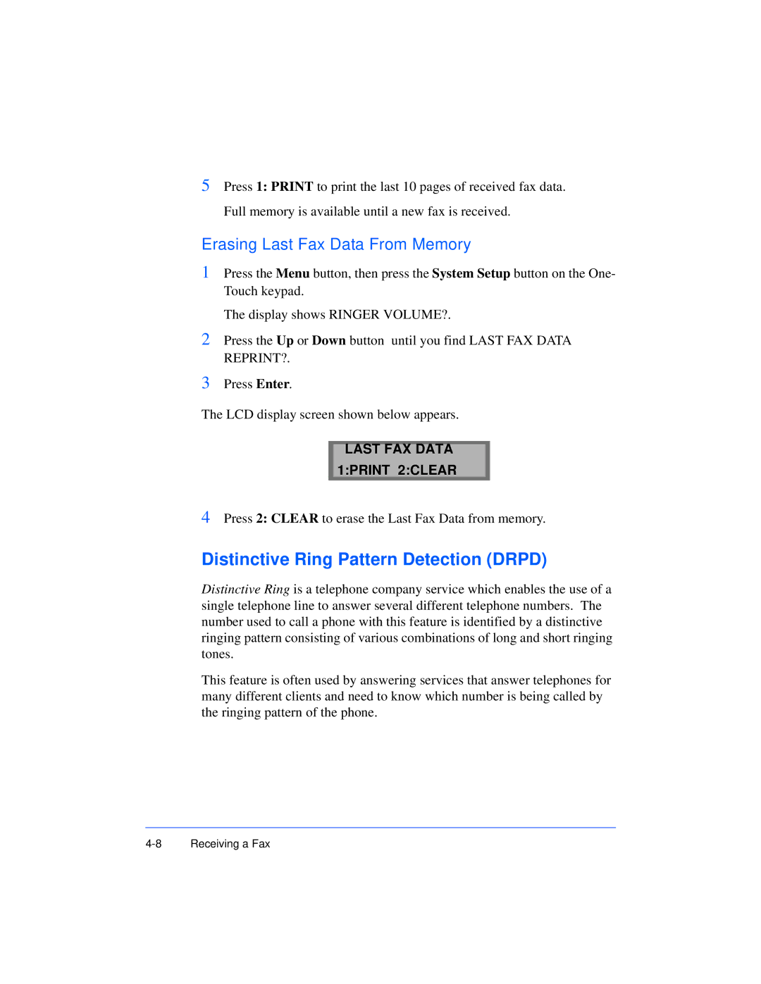 Xerox Pro 385 user manual Distinctive Ring Pattern Detection Drpd, Erasing Last Fax Data From Memory 