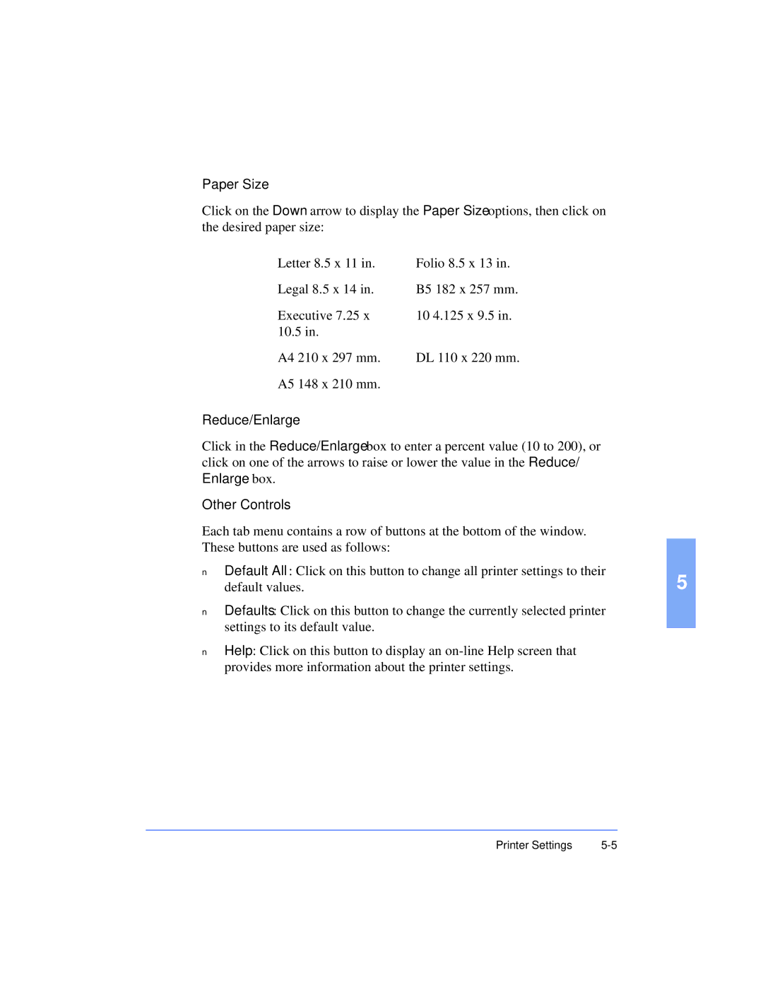 Xerox Pro 385 user manual Paper Size, Reduce/Enlarge, Enlarge box Other Controls 