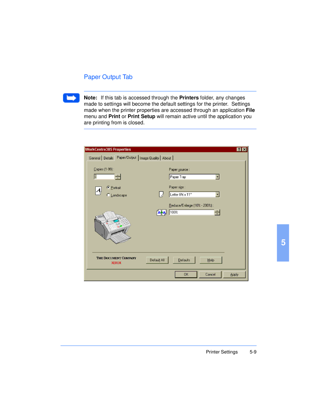 Xerox Pro 385 user manual Paper Output Tab 