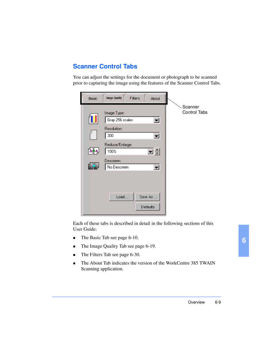 Xerox Pro 385 user manual Scanner Control Tabs 