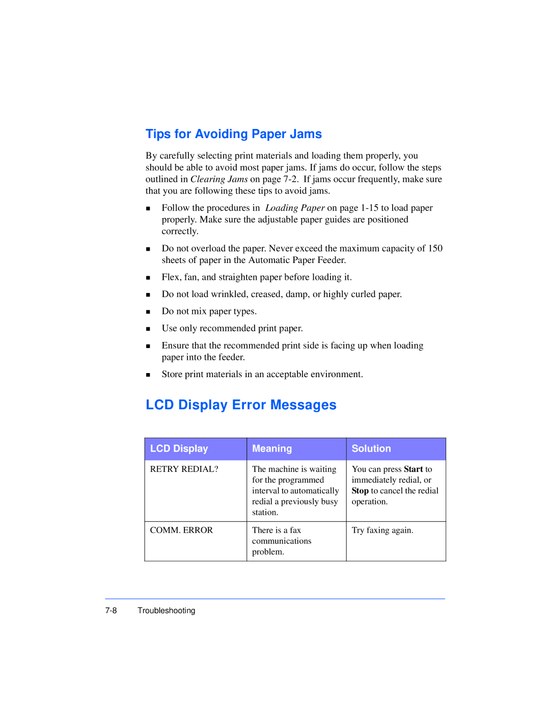 Xerox Pro 385 user manual LCD Display Error Messages, Tips for Avoiding Paper Jams 