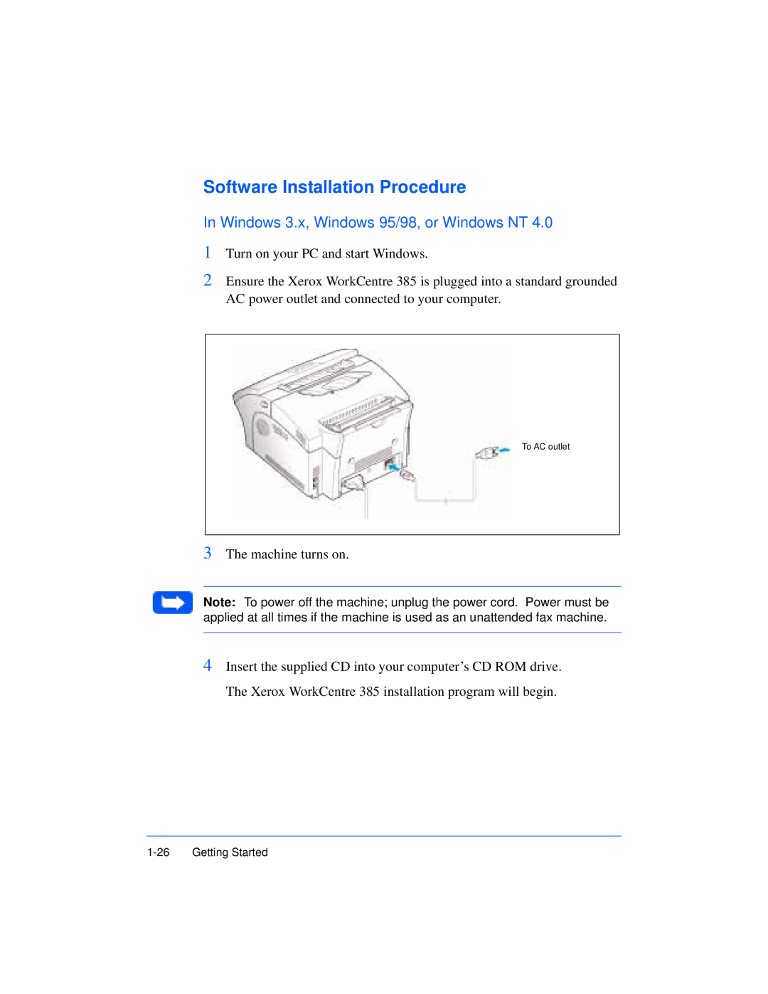 Xerox Pro 385 user manual Software Installation Procedure, Windows 3.x, Windows 95/98, or Windows NT 