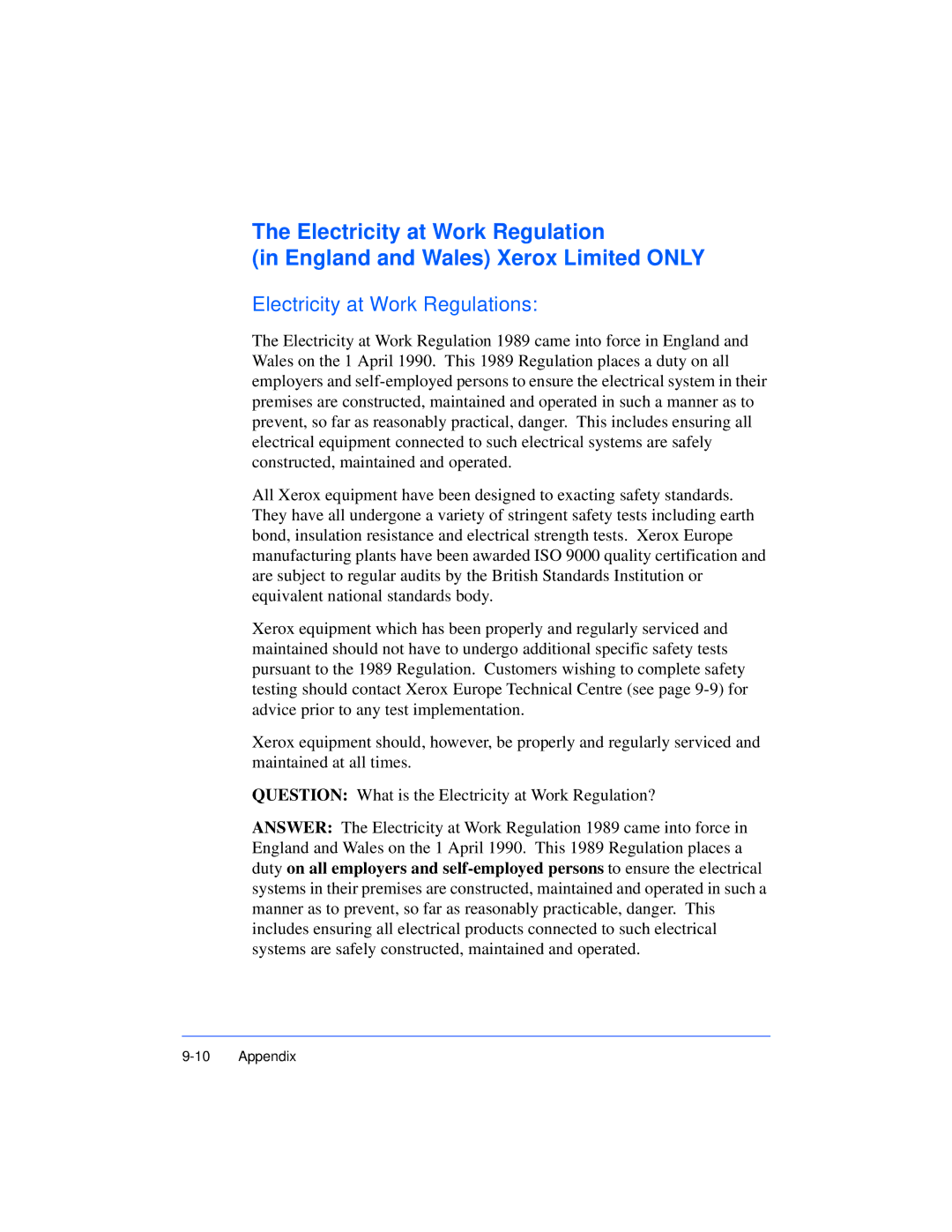 Xerox Pro 385 user manual Electricity at Work Regulations 