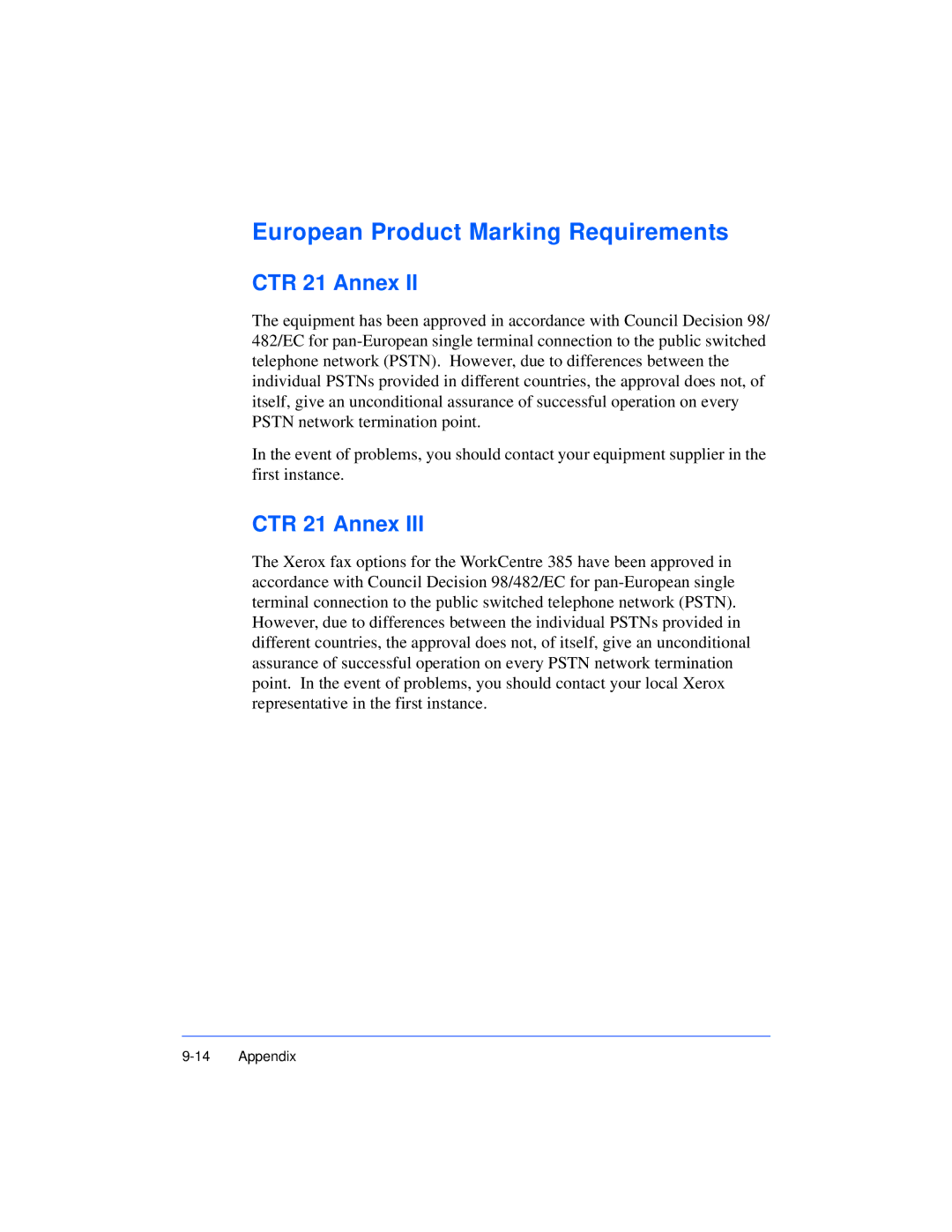 Xerox Pro 385 user manual European Product Marking Requirements, CTR 21 Annex 