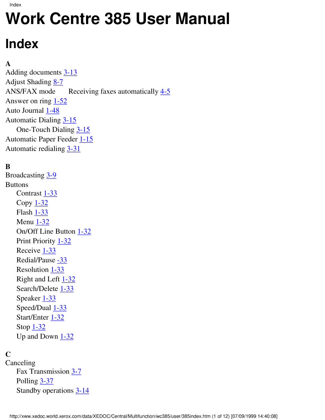 Xerox Pro 385 user manual Index 