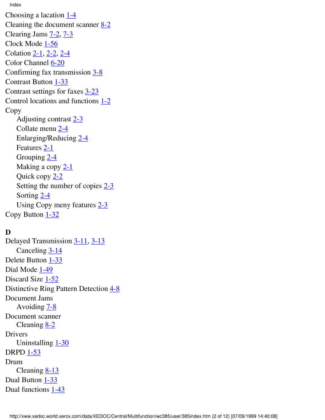 Xerox Pro 385 user manual Index 