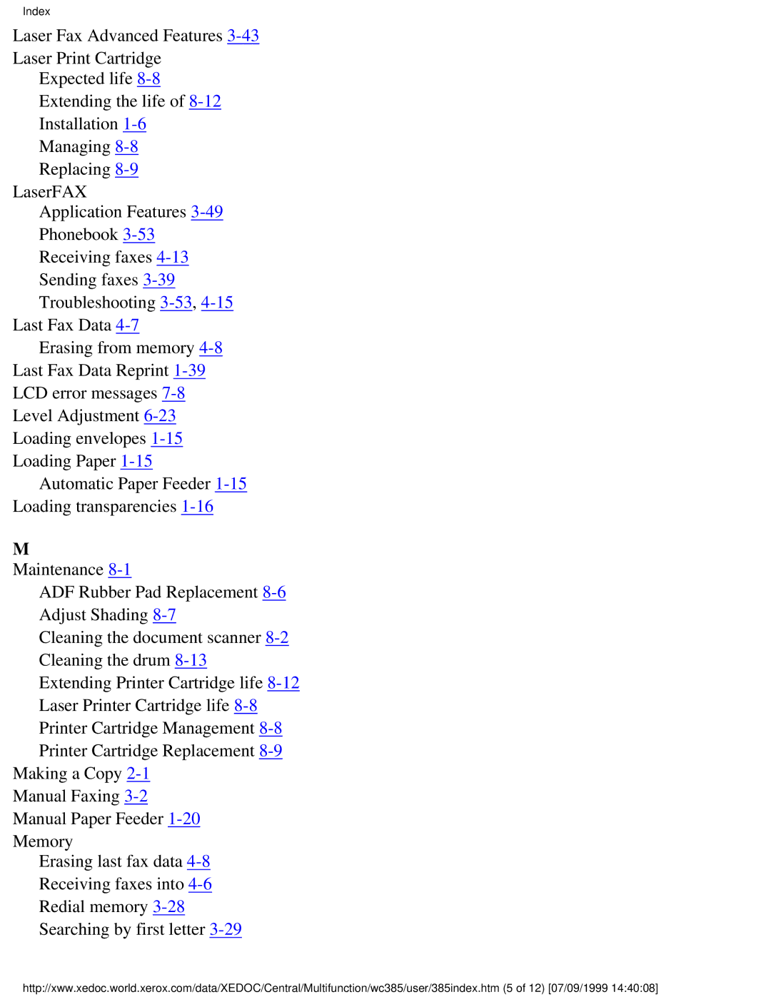 Xerox Pro 385 user manual Index 