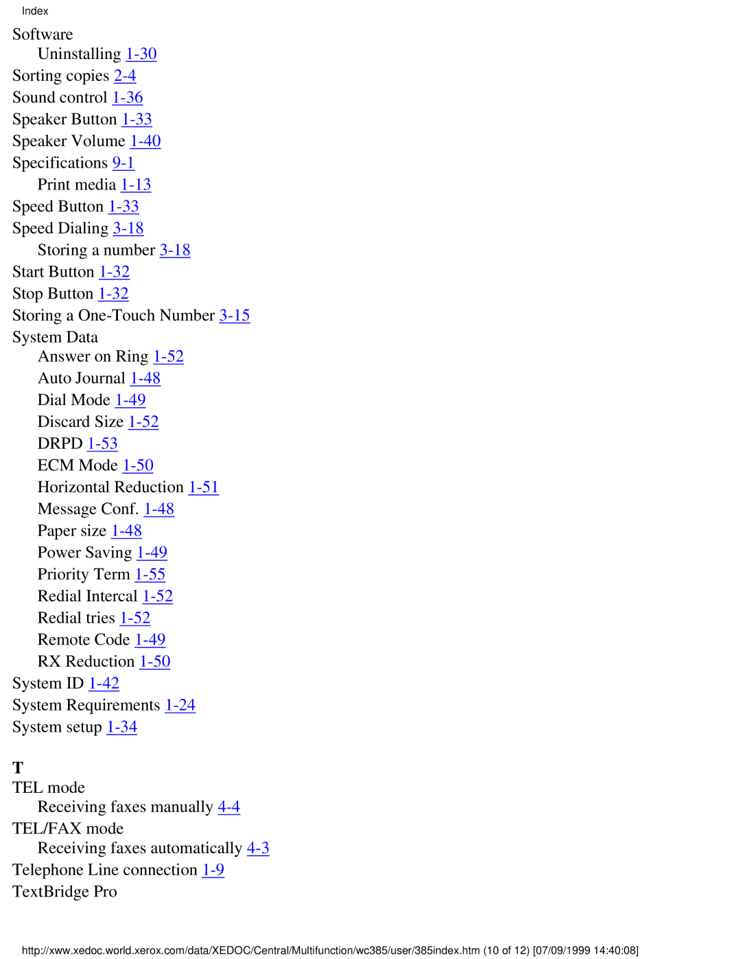 Xerox Pro 385 user manual Index 