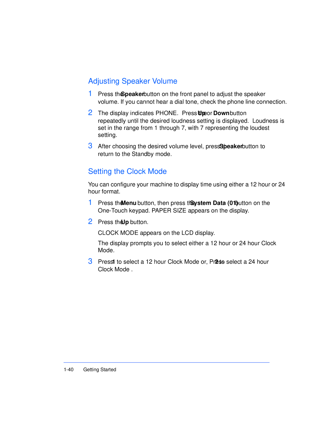 Xerox Pro 385 user manual Adjusting Speaker Volume, Setting the Clock Mode 