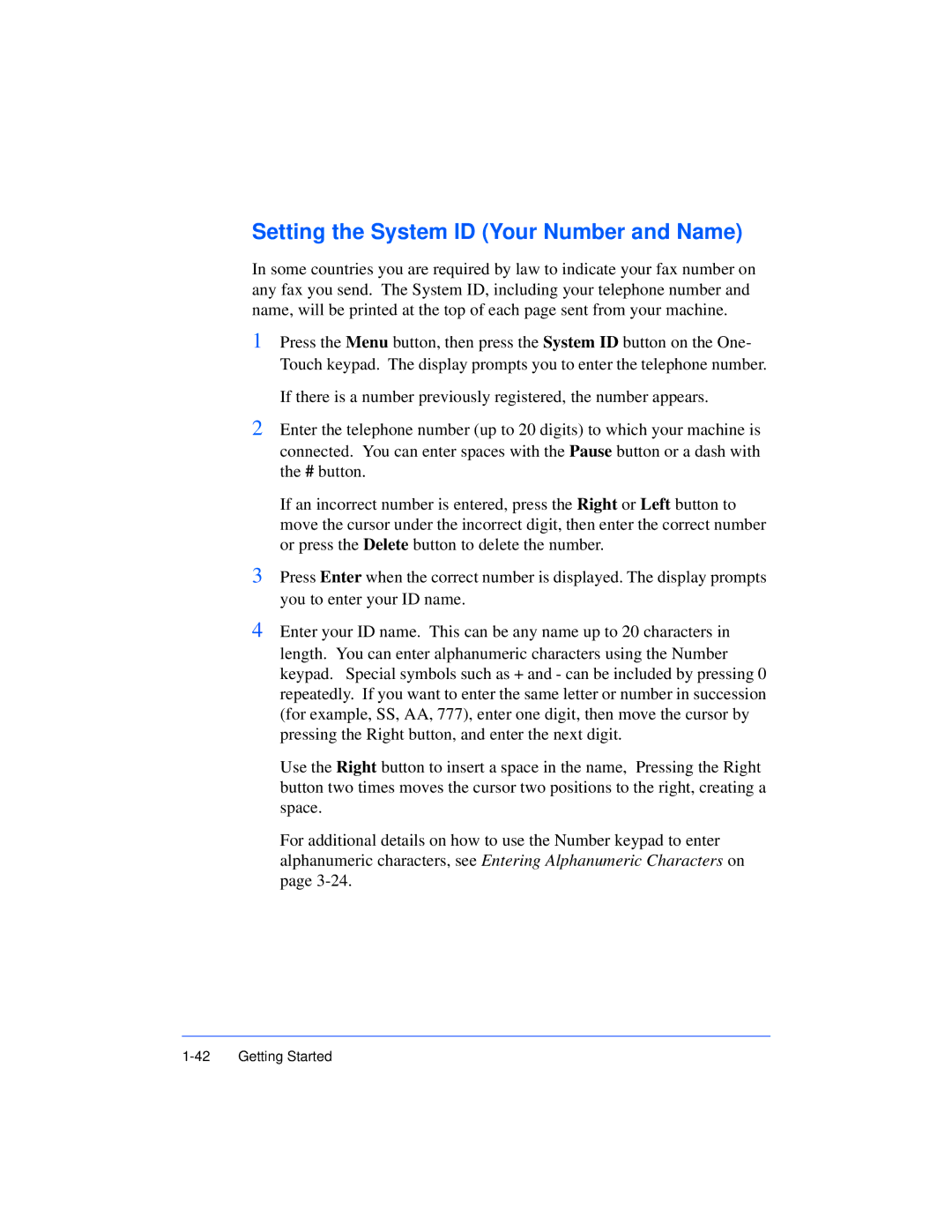 Xerox Pro 385 user manual Setting the System ID Your Number and Name 