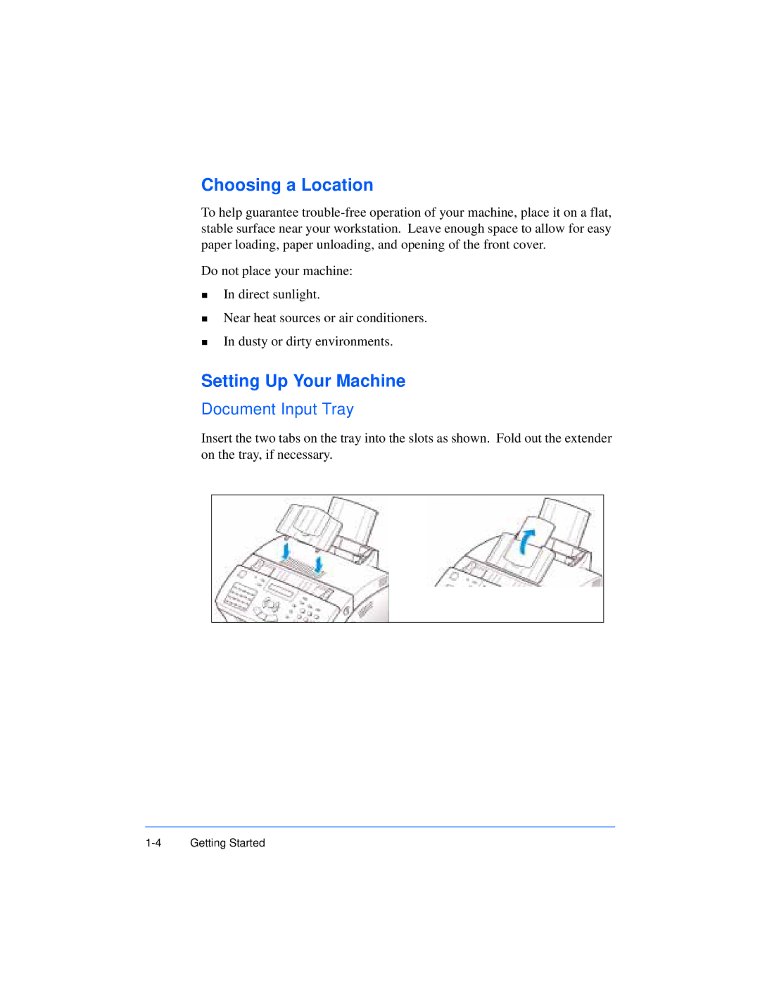 Xerox Pro 385 user manual Choosing a Location, Setting Up Your Machine, Document Input Tray 