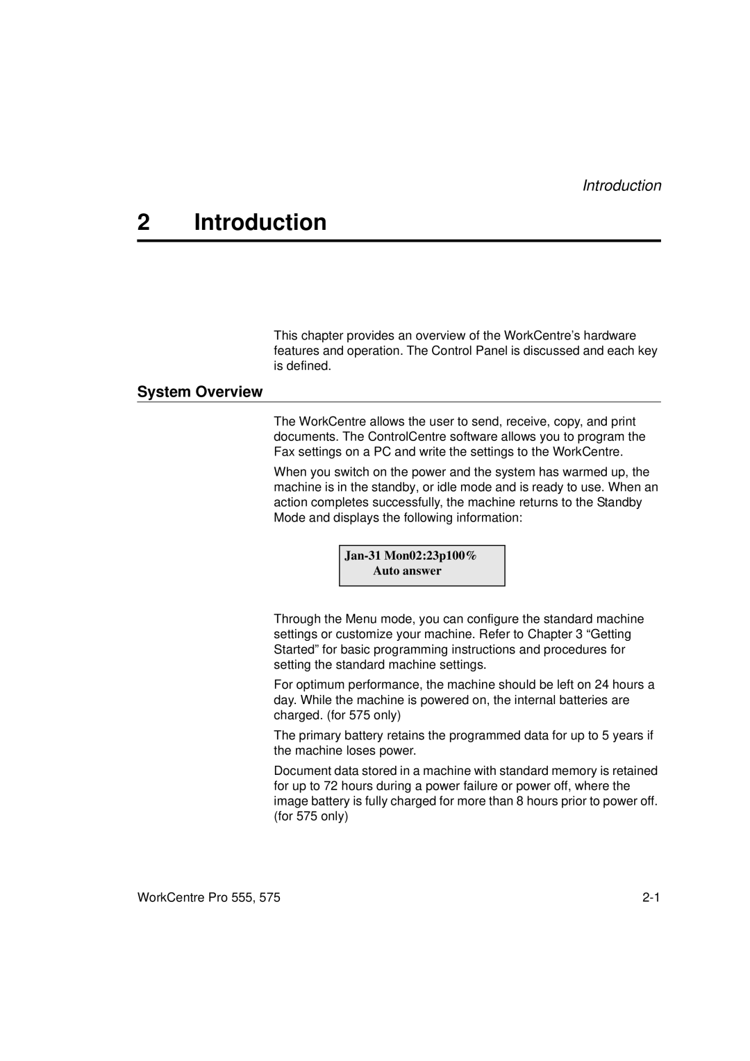 Xerox Pro 555, Pro 575 manual System Overview, Jan-31 Mon0223p100% Auto answer 