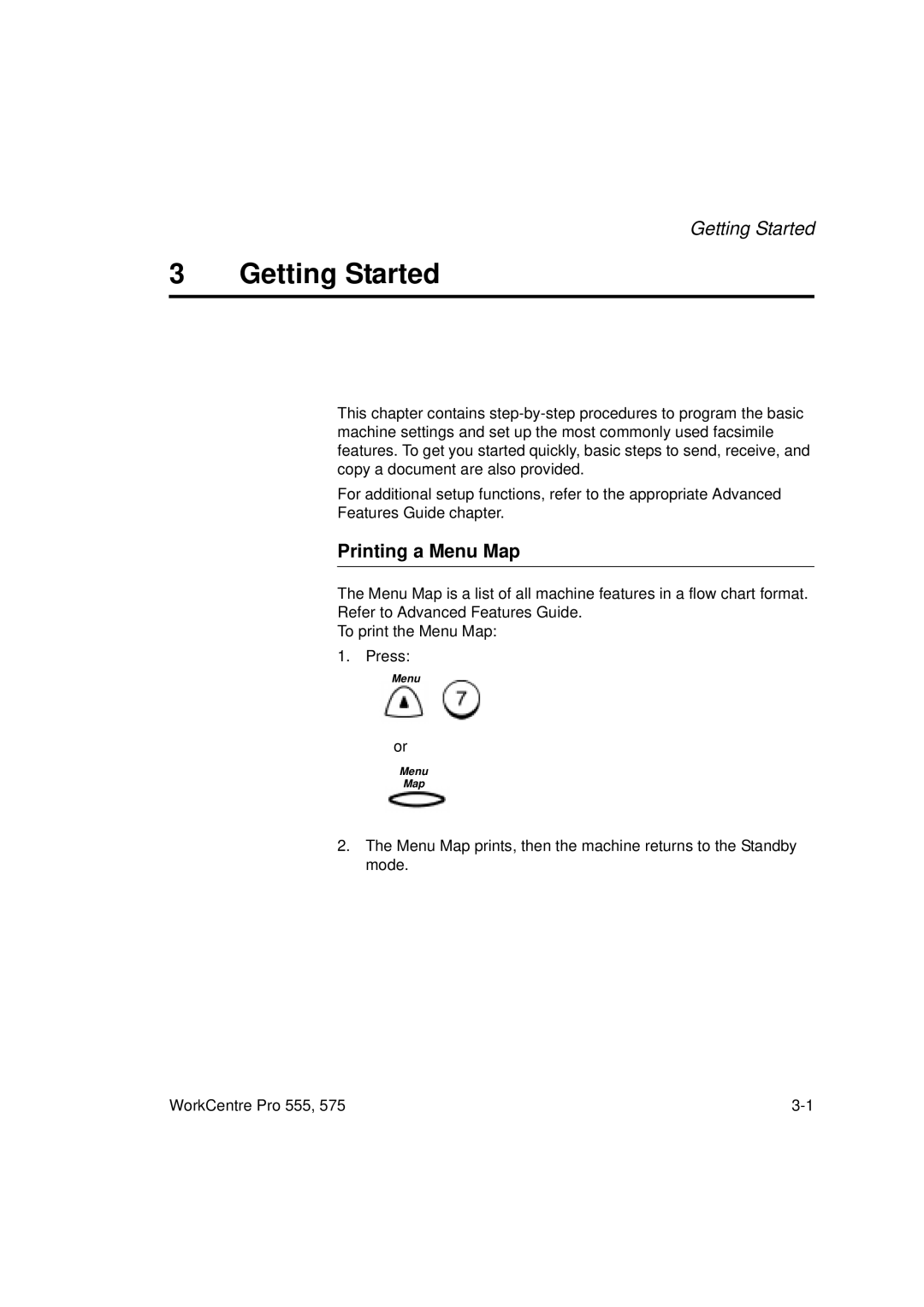 Xerox Pro 555, Pro 575 manual Getting Started, Printing a Menu Map 