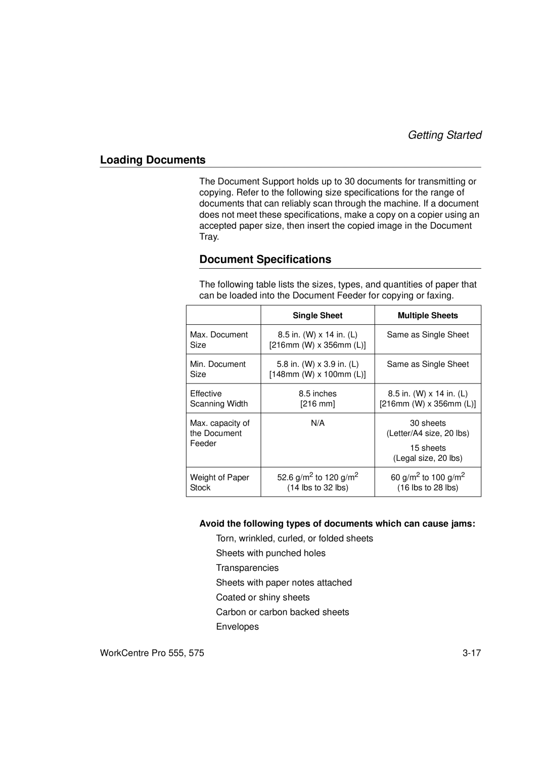 Xerox Pro 555, Pro 575 manual Loading Documents, Document Specifications 