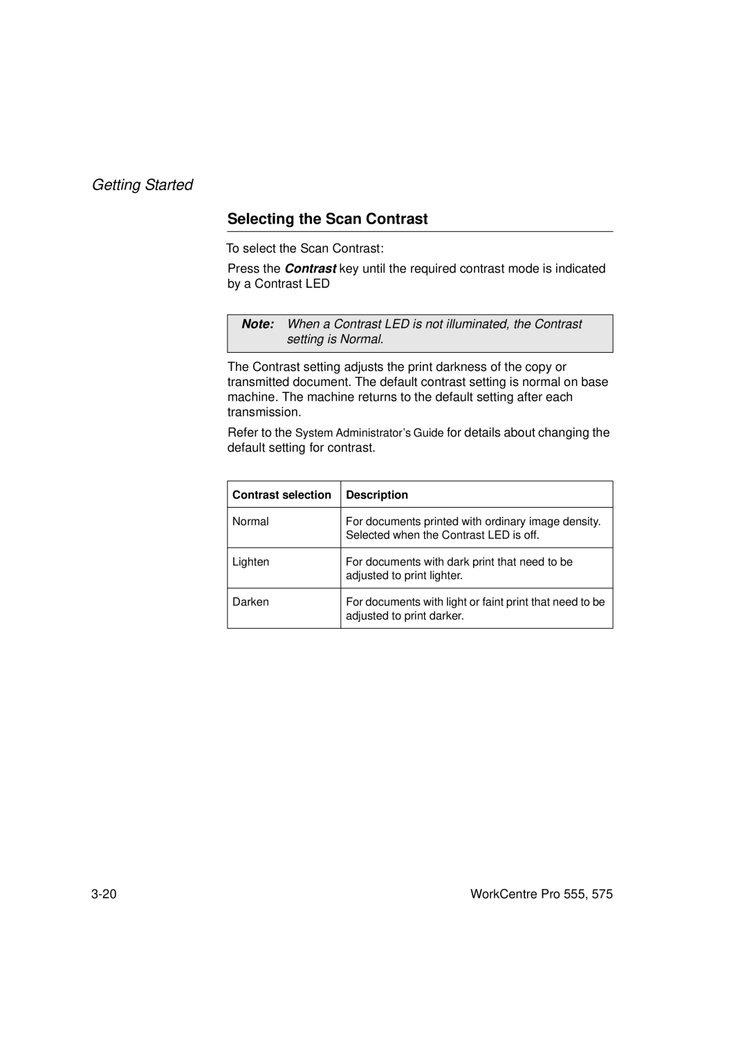 Xerox Pro 575, Pro 555 manual Selecting the Scan Contrast, Contrast selection Description 