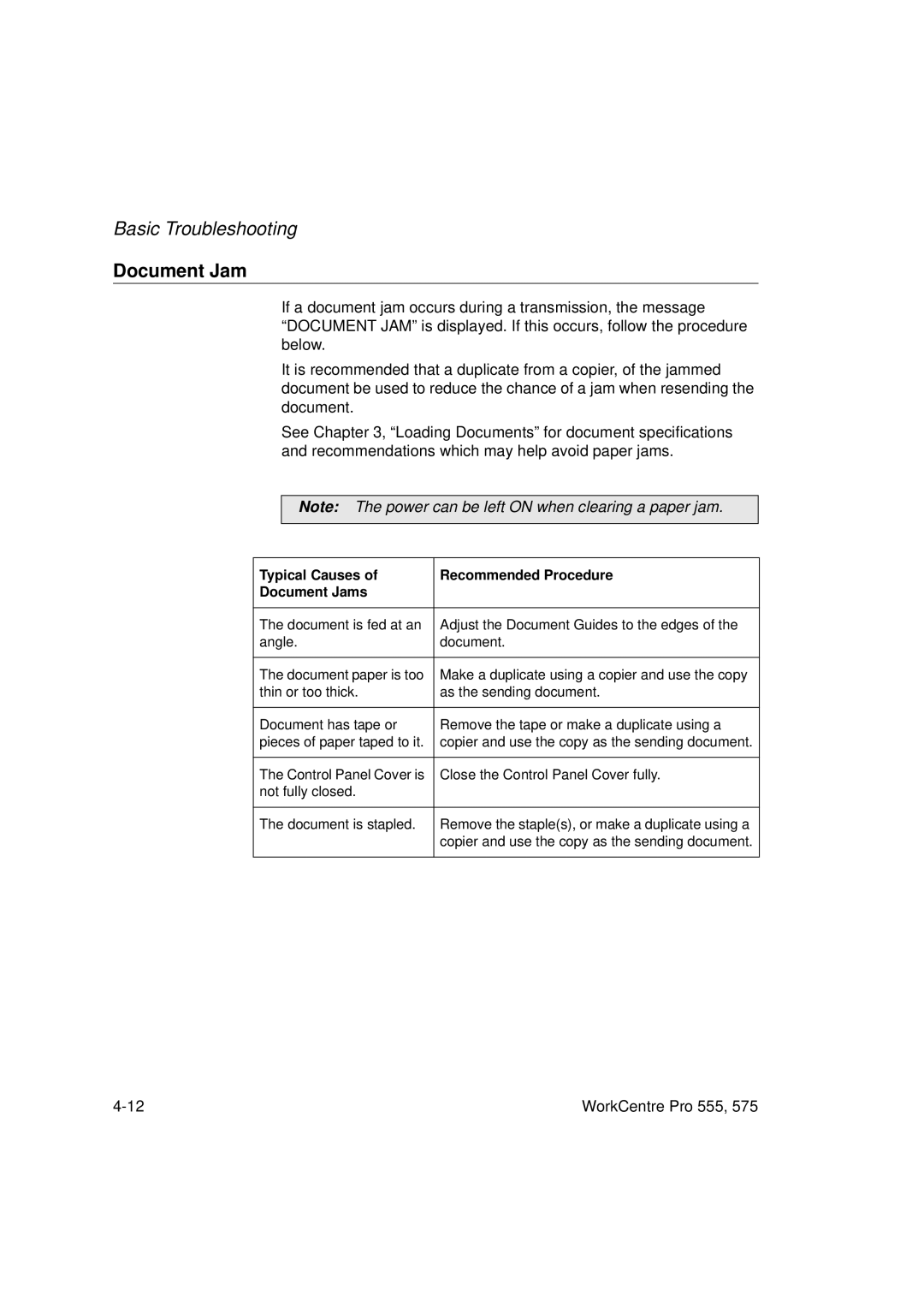 Xerox Pro 575, Pro 555 manual Typical Causes Recommended Procedure Document Jams 