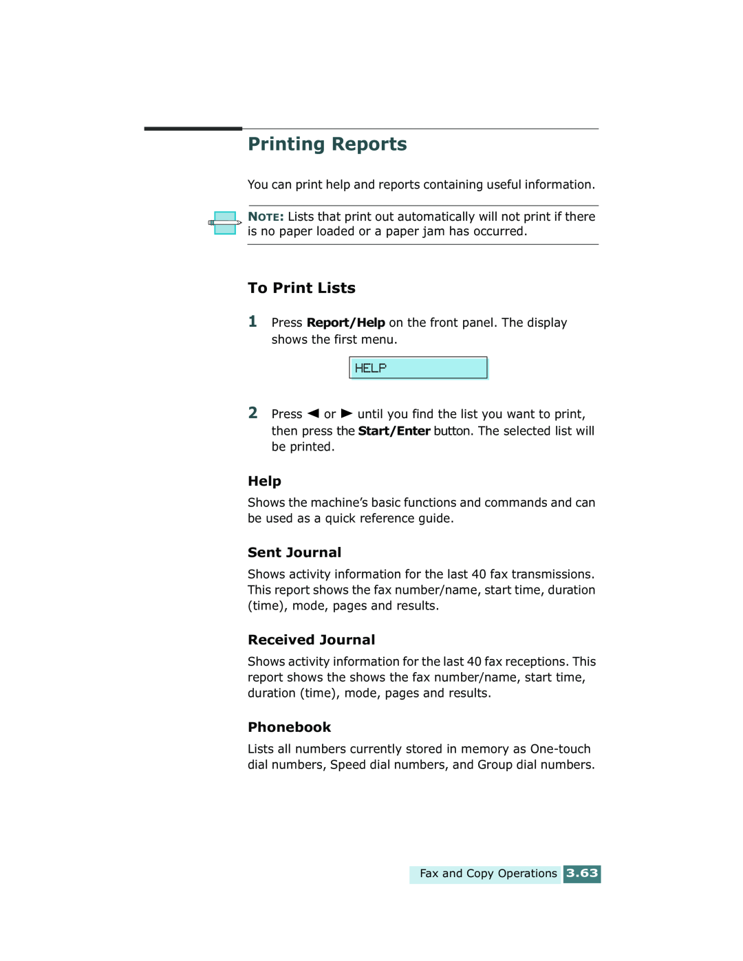 Xerox Pro 580 manual Printing Reports, To Print Lists, Help, Sent Journal, Received Journal, Phonebook 