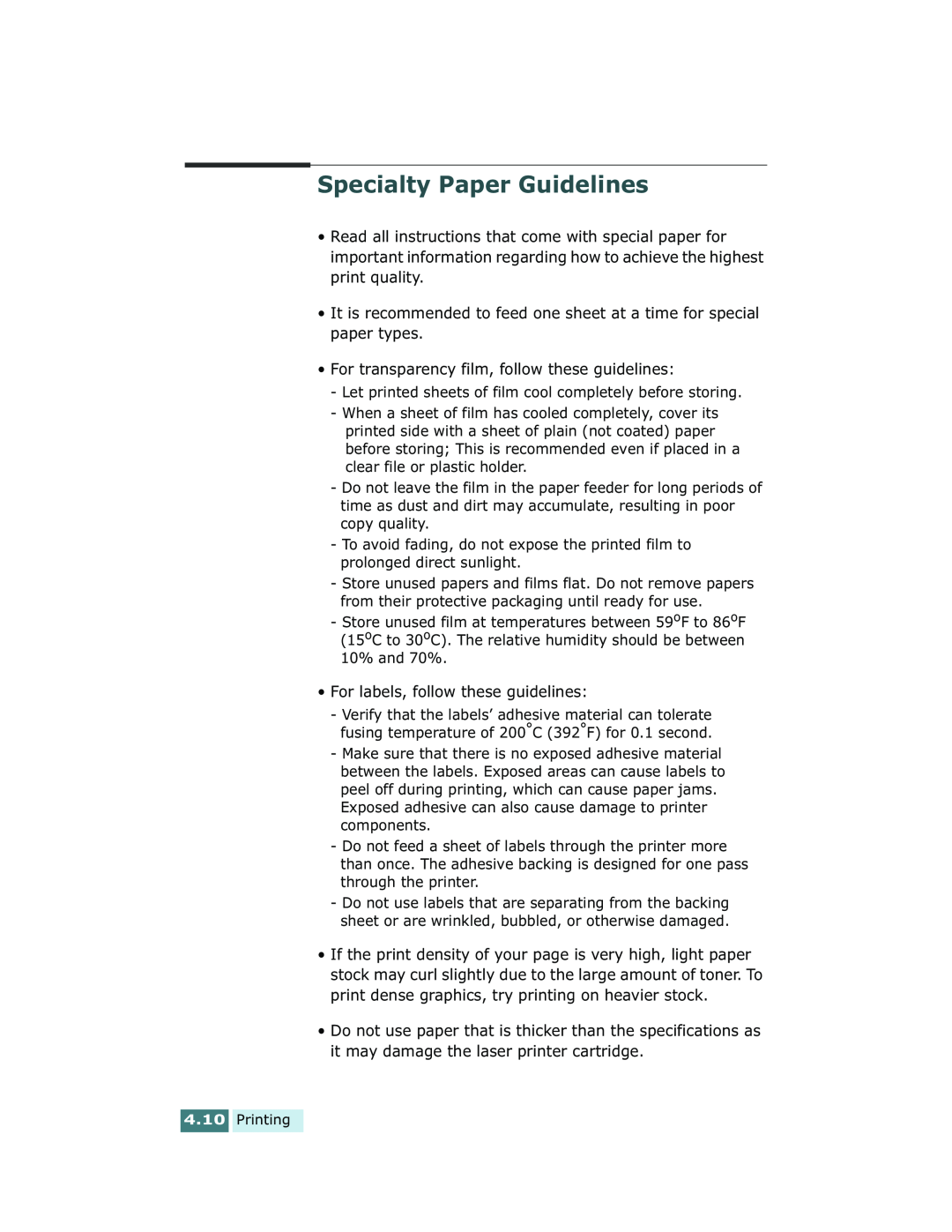 Xerox Pro 580 manual Specialty Paper Guidelines 