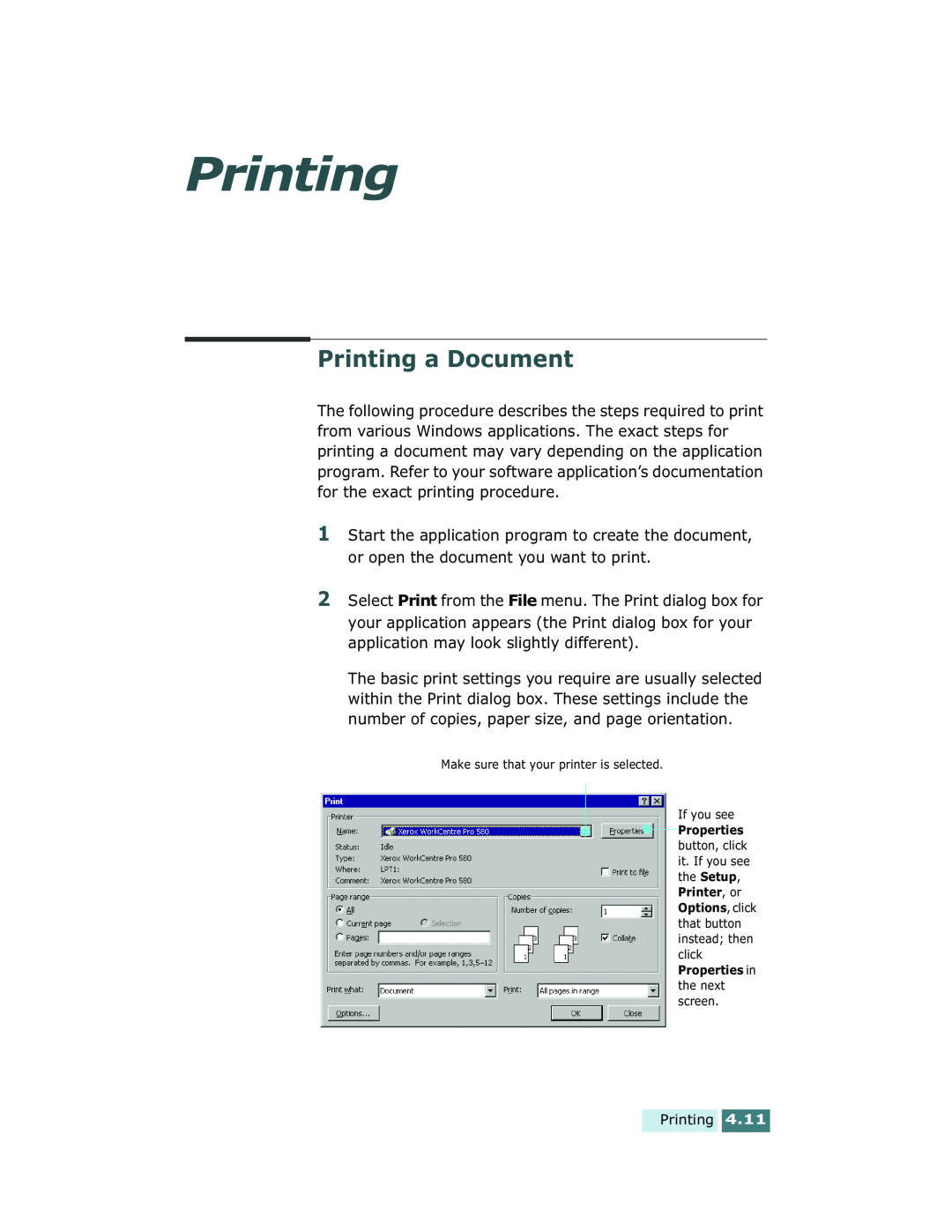 Xerox Pro 580 manual Printing a Document 