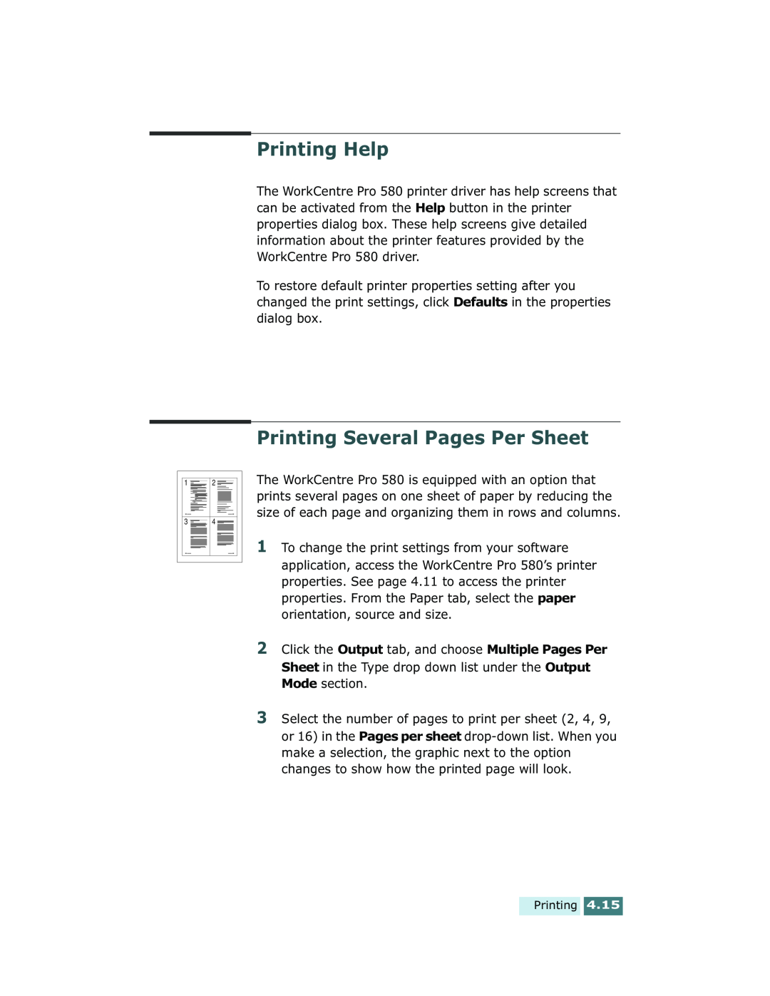 Xerox Pro 580 manual Printing Help, Printing Several Pages Per Sheet 