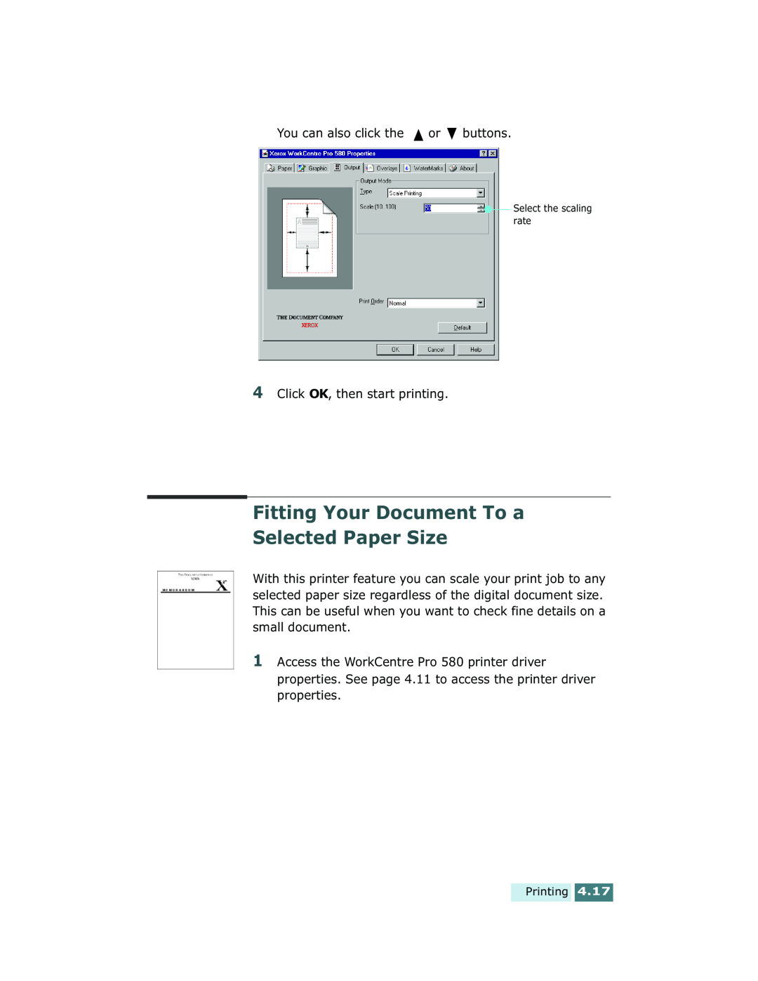 Xerox Pro 580 manual Fitting Your Document To a Selected Paper Size 