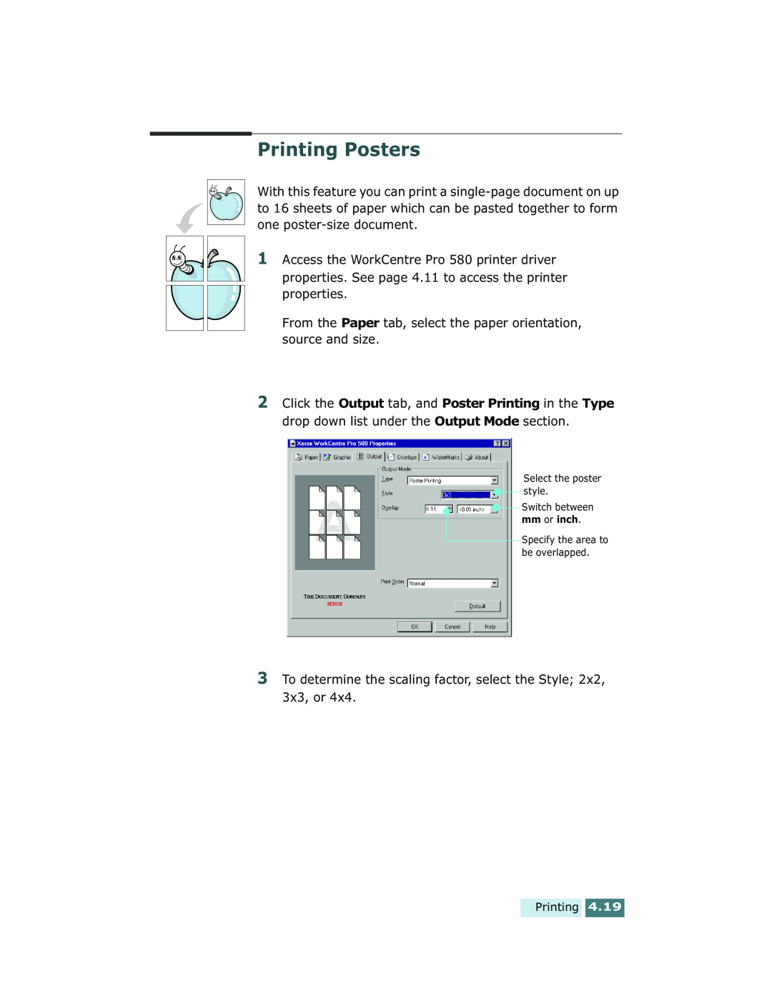 Xerox Pro 580 manual Printing Posters, Select the poster style 