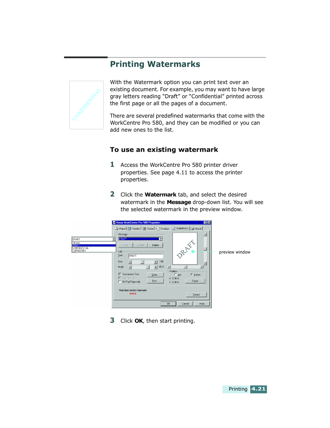 Xerox Pro 580 manual Printing Watermarks, To use an existing watermark 