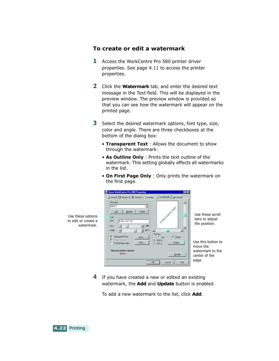 Xerox Pro 580 manual To create or edit a watermark, Printing 