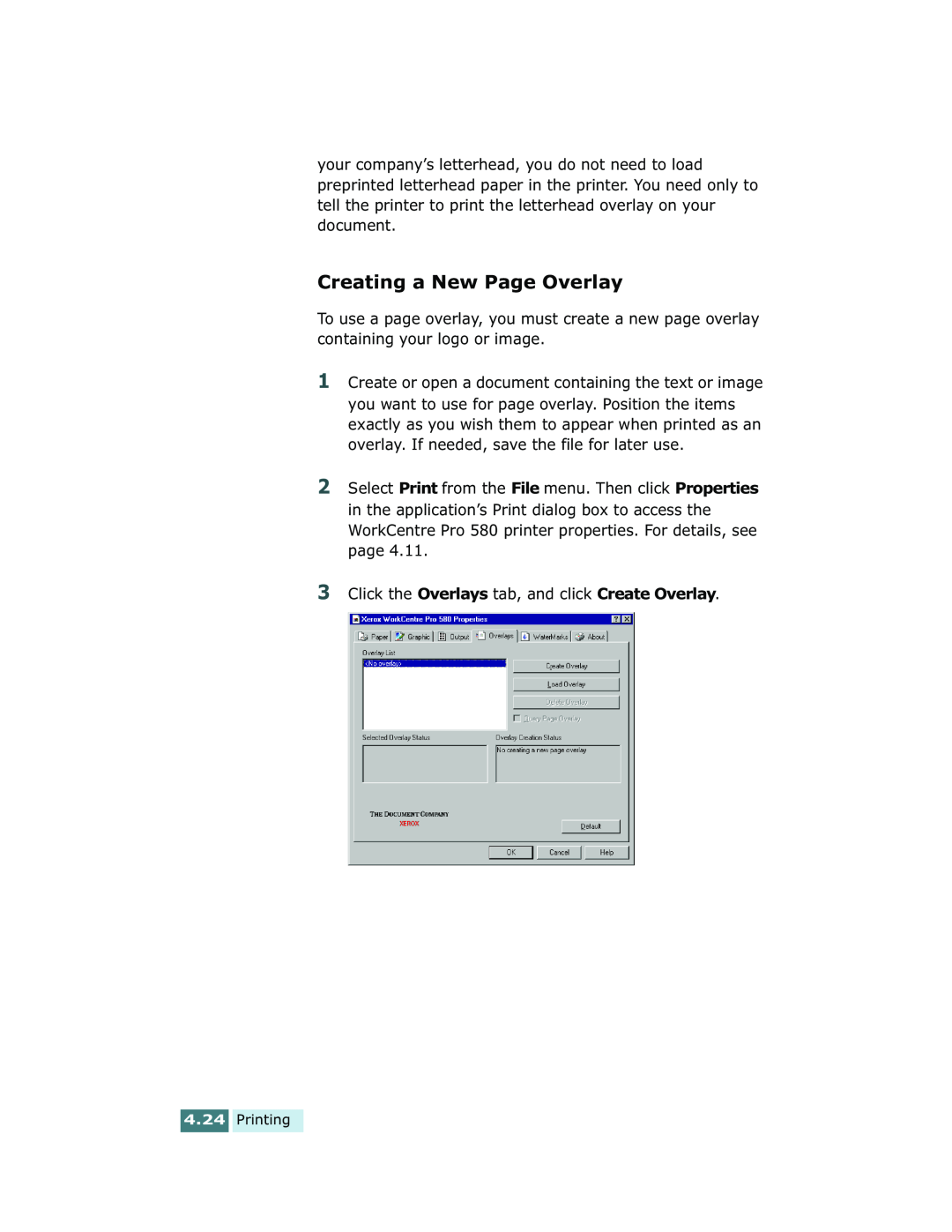 Xerox Pro 580 manual Creating a New Page Overlay 