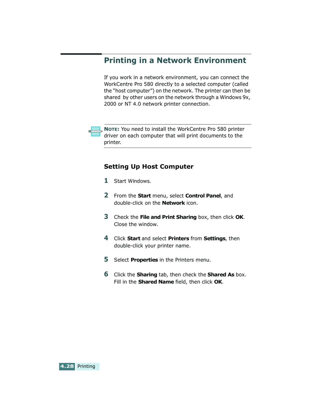 Xerox Pro 580 manual Printing in a Network Environment, Setting Up Host Computer 