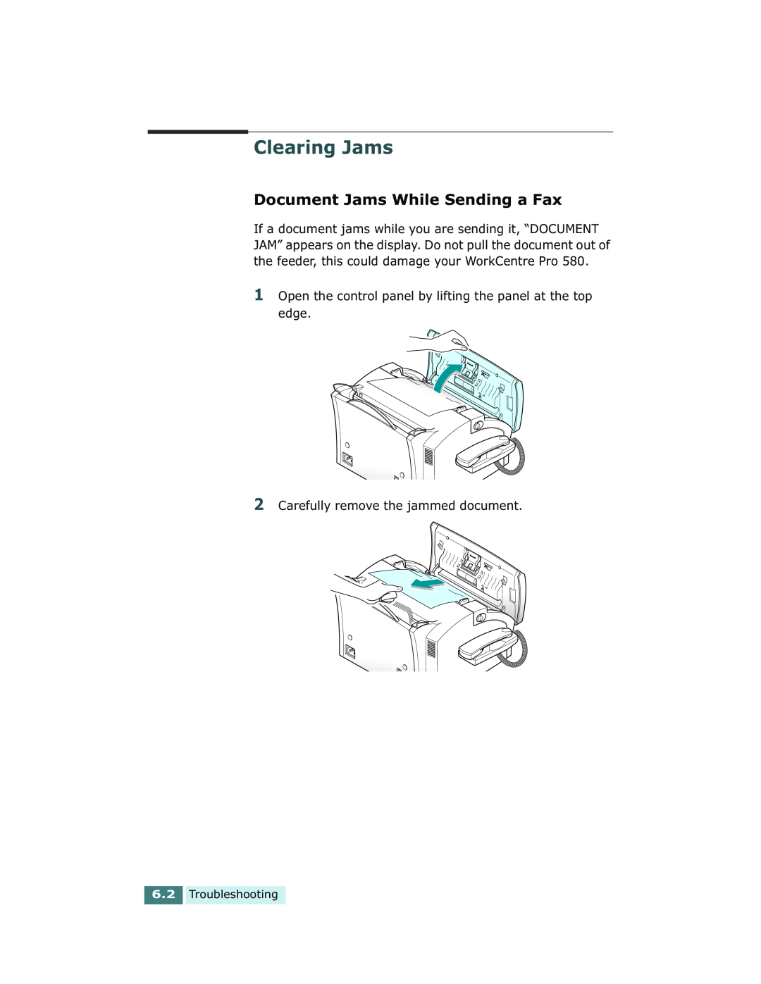 Xerox Pro 580 manual Clearing Jams, Document Jams While Sending a Fax 