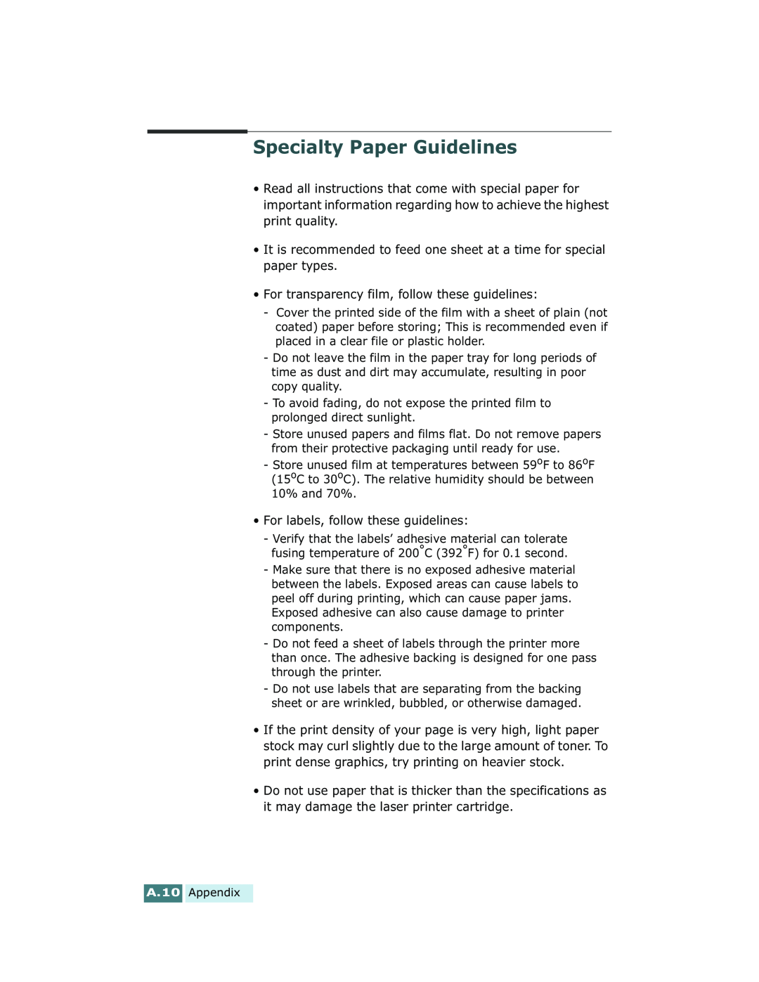 Xerox Pro 580 manual Specialty Paper Guidelines 