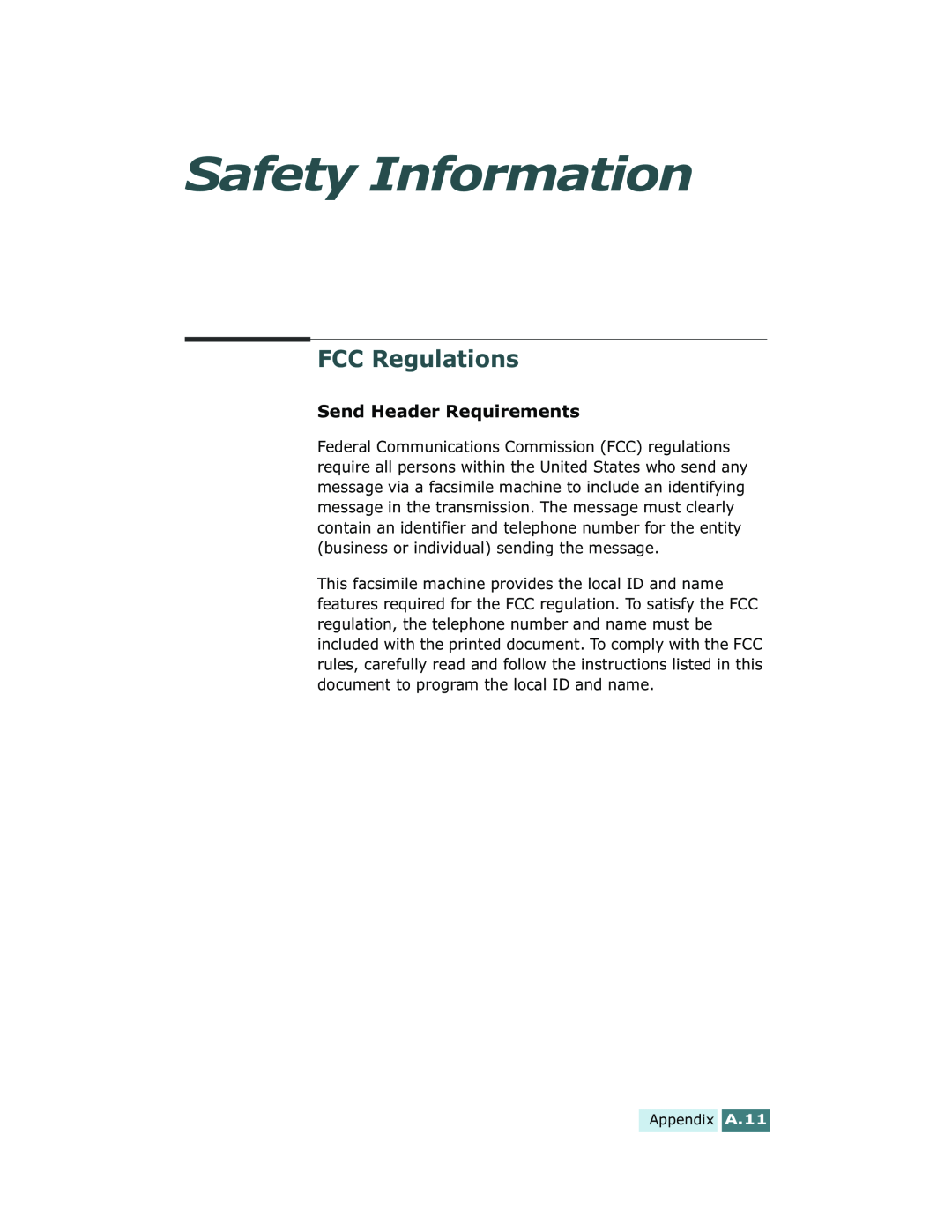 Xerox Pro 580 manual Safety Information, FCC Regulations, Send Header Requirements 