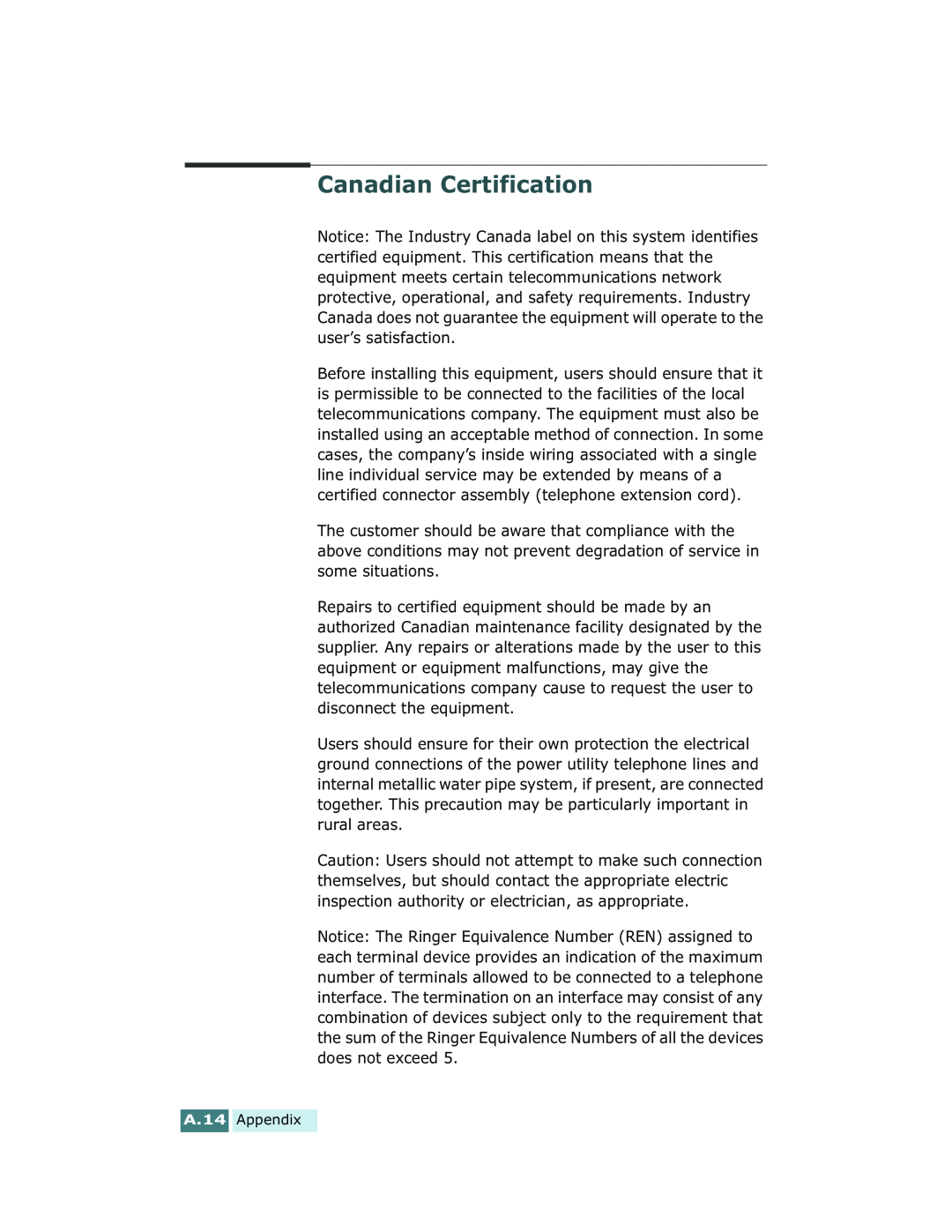 Xerox Pro 580 manual Canadian Certification 