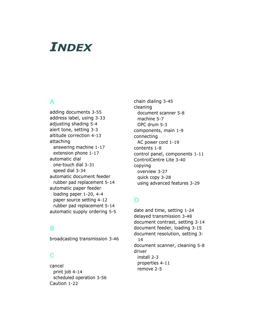 Xerox Pro 580 manual Index 