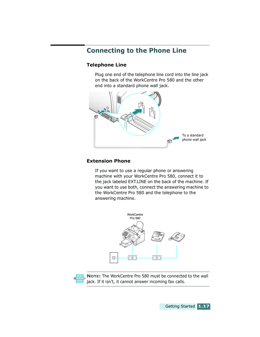 Xerox Pro 580 manual Connecting to the Phone Line, Telephone Line, Extension Phone 