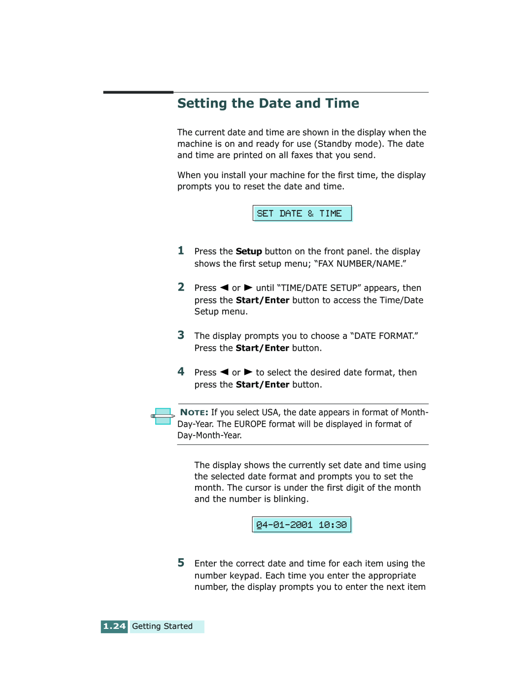 Xerox Pro 580 manual Setting the Date and Time 