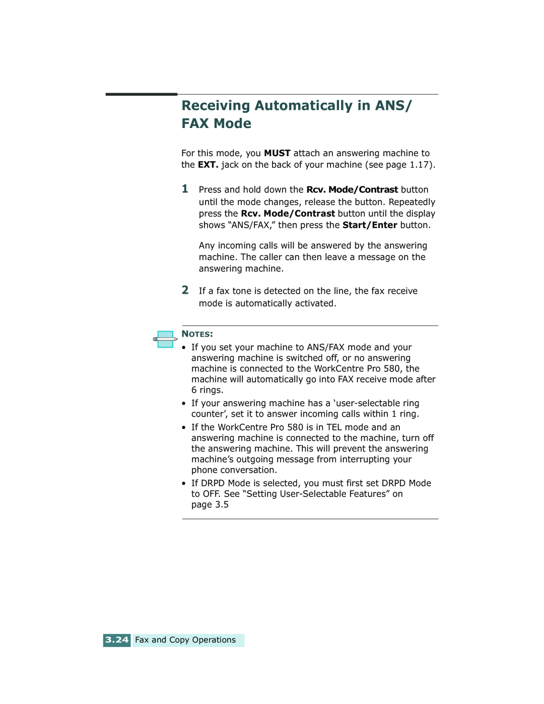 Xerox Pro 580 manual Receiving Automatically in ANS/ FAX Mode 