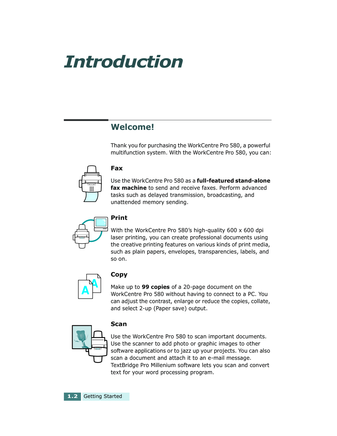 Xerox Pro 580 manual Introduction, Welcome, Print, Copy, Scan 