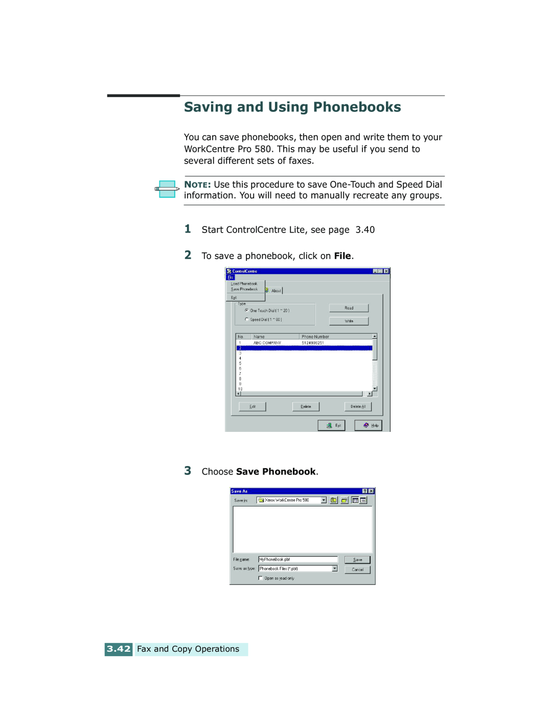 Xerox Pro 580 manual Saving and Using Phonebooks, Choose Save Phonebook 