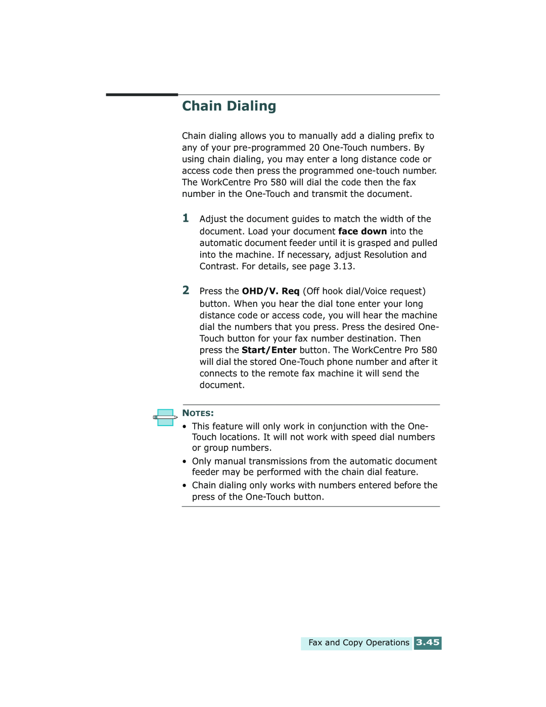 Xerox Pro 580 manual Chain Dialing 