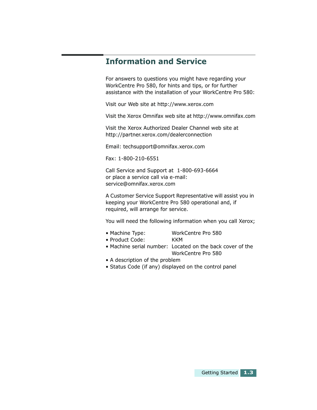 Xerox Pro 580 manual Information and Service 