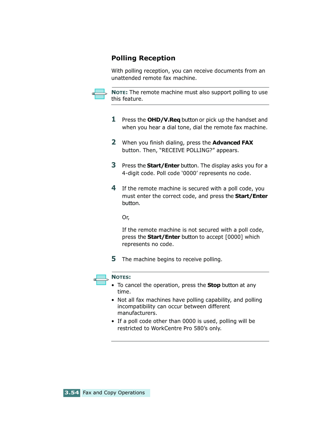 Xerox Pro 580 manual Polling Reception 
