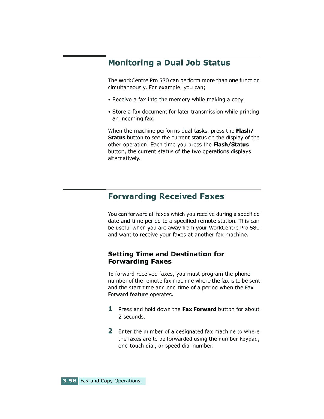 Xerox Pro 580 Monitoring a Dual Job Status, Forwarding Received Faxes, Setting Time and Destination for Forwarding Faxes 