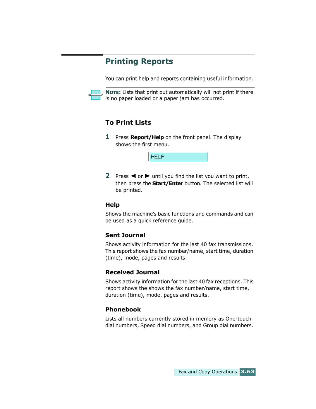 Xerox Pro 580 manual Printing Reports, To Print Lists 